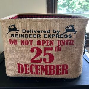 Reindeer Express Burlap Storage Bin - Red and Tan